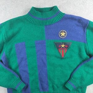 Geoffrey Hunter Sweater Mens L Green Blue Colorblock Vintage Mock Neck Patch